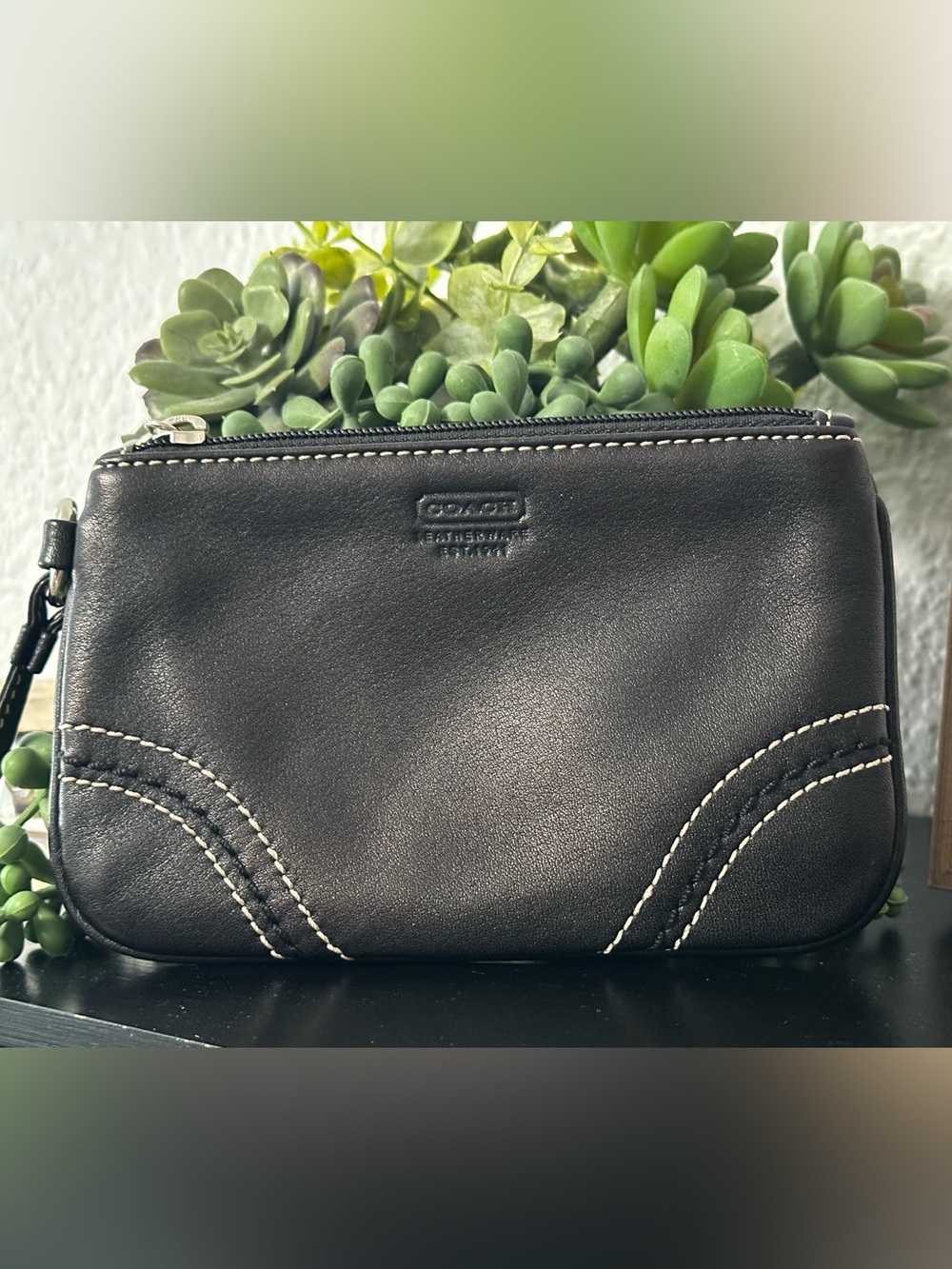 Coach Black Soft Leather Wristlet with Bold Stitching